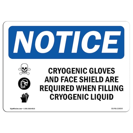 OSHA Notice Sign, Cryogenic Gloves And Face Shield With Symbol, 18in X 12in Aluminum